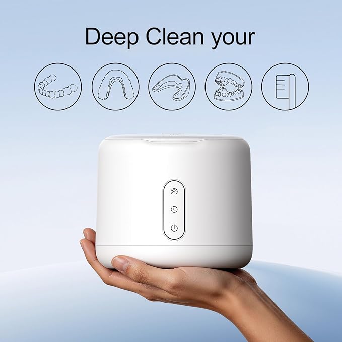 Ultrasonic Retainer Cleaner Machine, IPX6 Waterproof Denture Cleaner, 3 Modes Dental Cleaning Pod with RGB Indicator, 45kHz UV for Mouth Guards, 200ML Tank, White