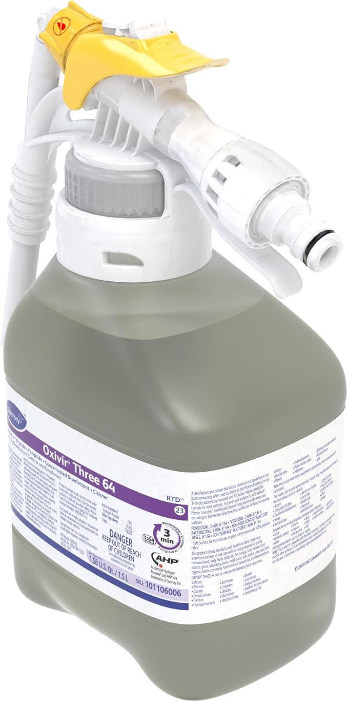 Oxivir Diversey 101106006 Three 64 Disinfectant Cleaner, Multi Purpose Hard Surface Cleaner, Hydrogen Peroxide Based Concentrate, Unscented, Ready-to-Dispense, 1.5-Liter