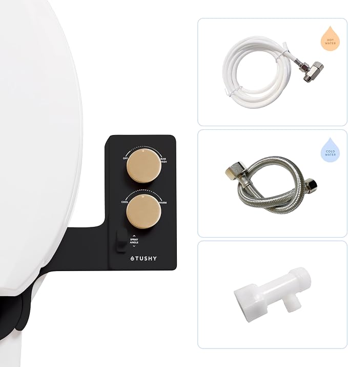 TUSHY Spa Warm Water Bidet Attachment for Toilet. Universal Fit, Easy Install (Requires Sink Access for Optional Temperature Control), Self Cleaning, Adjustable Pressure, Angle Control, Noir/Gold