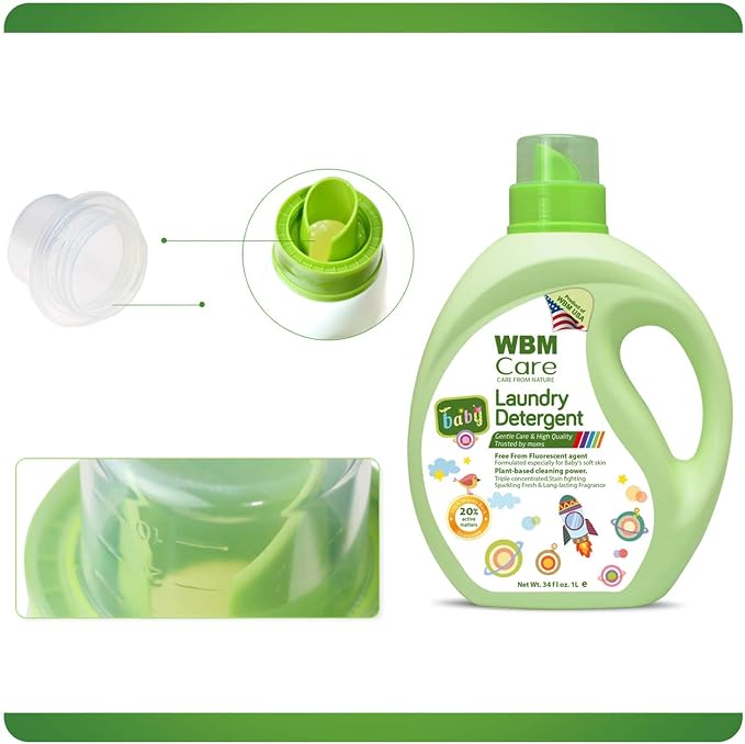WBM Plant-Based Laundry Detergent Liquid – 34 fl oz, 50 loads total. Eco-friendly formula for powerful cleaning, gentle on fabrics, and safe for the environment