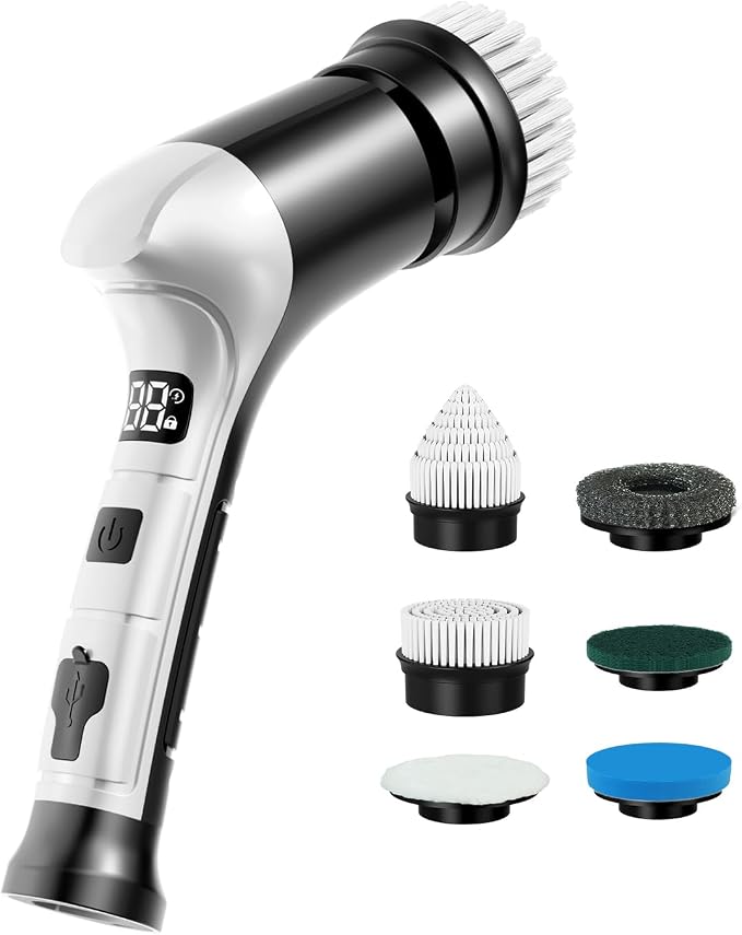 Electric Spin Scrubber, Cordless Household Cleaning Brush with 6 Replaceable Heads, 3 Speeds, LED Display, Lightweight Handheld Power Scrubber for Cleaning Stove/Bowl/Sink/Corner/Tile/Grout-Black