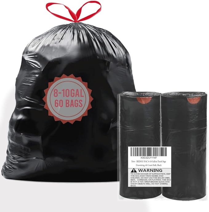 BEIDOU-PAC 8-10 Gallon Trash Bags Drawstring, 60 Count Bulk, Black & Unscented Multi-purpose Garbage Bags for Business Home Bathroom Kitchen Commercial and Industrial