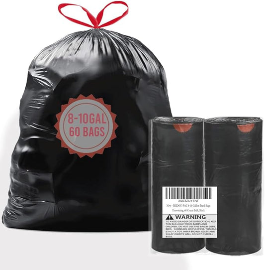 BEIDOU-PAC 8-10 Gallon Trash Bags Drawstring, 60 Count Bulk, Black & Unscented Multi-purpose Garbage Bags for Business Home Bathroom Kitchen Commercial and Industrial