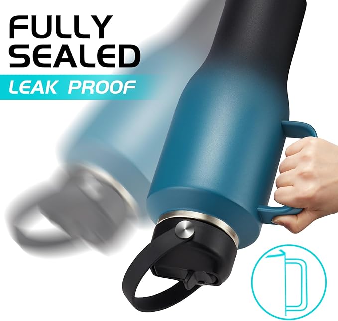 40 oz Insulated Water-Bottle that fits in Cup Holder - Cold 48h/Hot 24h, Stainless Steel Tumblers with Lids and Straws & Bottle Sleeve, Leak Proof Metal Flask Cup, Travel Coffee Tumbler with Handle