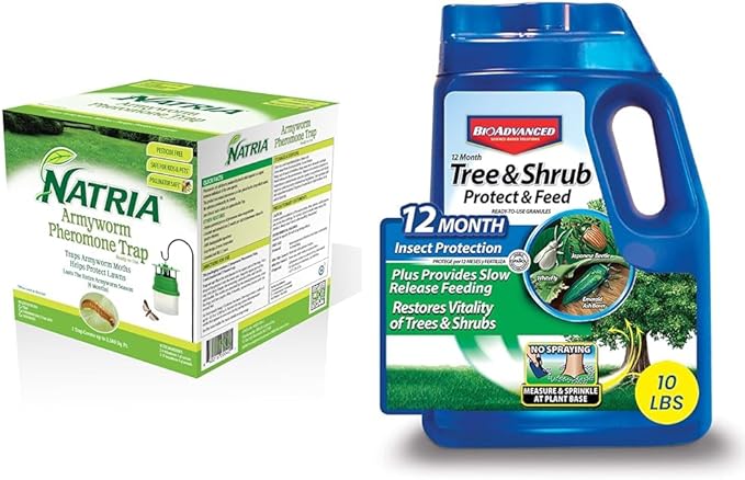 NATRIA Armyworm Pheromone Trap, Ready-to-Use, (1-Pack) with BioAdvanced 12 Month Tree and Shrub Protect and Feed for Insects, Granules, 10 lb