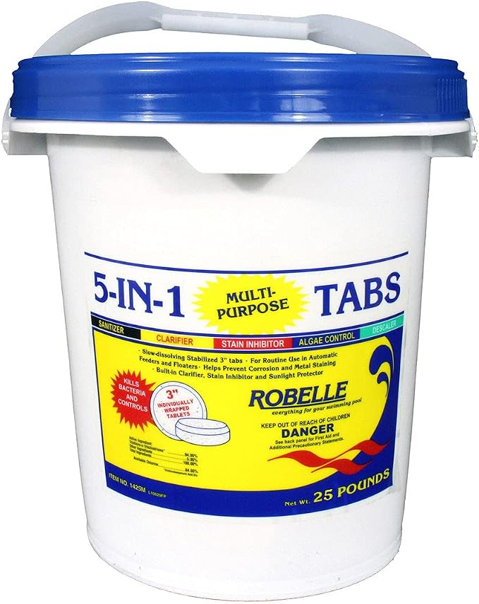 Robelle 25-Pounds Premium 5-In-1 Multi-Purpose Tabs, Chlorine Tablets 3 Inch, Sanitizer, Clarifier, Stain Inhibitor, Algae Control, Descaler, Sunlight Protector All In One, Made In USA