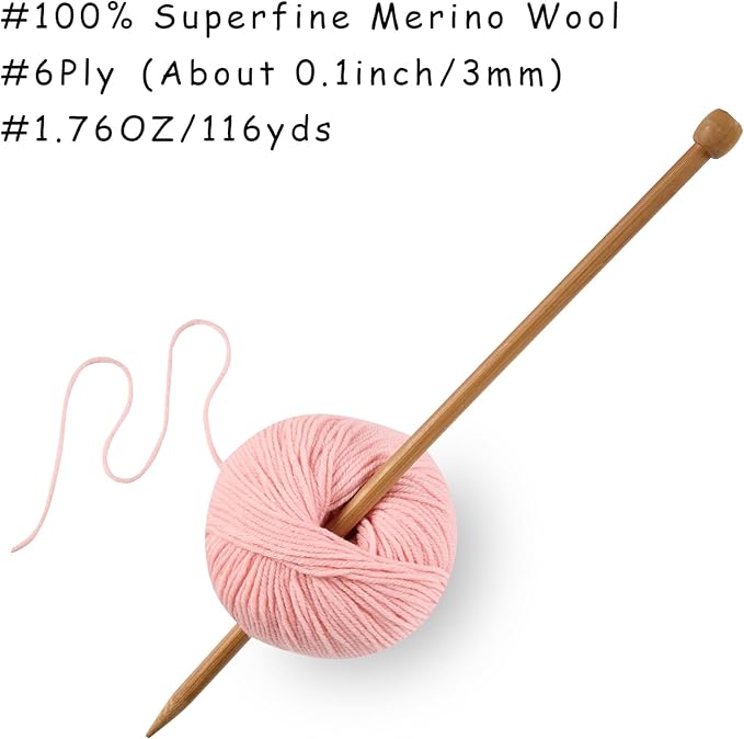 100% Merino Wool Yarn, 6-Ply Luxurious and Soft Yarn for Hand Knitting & Crocheting, 1.76 OZ/50g, 127 yds/116 Meters(Baby Pink, 3 Balls)