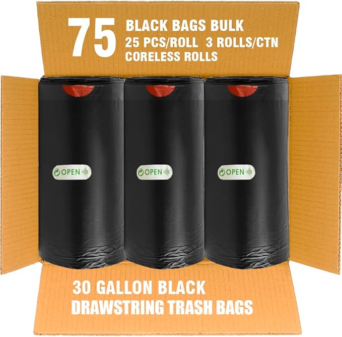 BEIDOU-PAC 30 Gallon Trash Bags Drawstring, 75 Count Bulk, Black & Unscented, Multi-purpose Garbage Bags Can Liners for Business Home Kitchen Commercial and Industrial