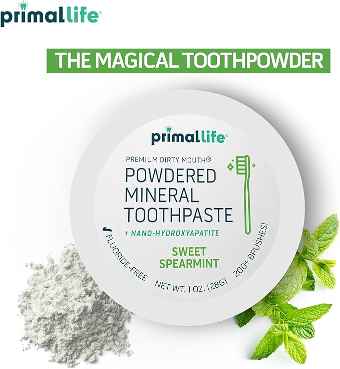 Primal Life Organics - Dirty Mouth Toothpowder, Tooth Cleaning Powder, Flavored Essential Oils with Natural Kaolin & Bentonite Clay, Good for 200+ Brushings, Organic, Vegan (Sweet Spearmint, 1 oz)