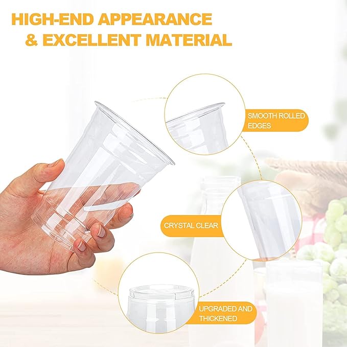 TashiBox plastic cups with lids [24 oz 100cups&100flat lids],Clear Crystal disposable plastic cups,smoothie cups