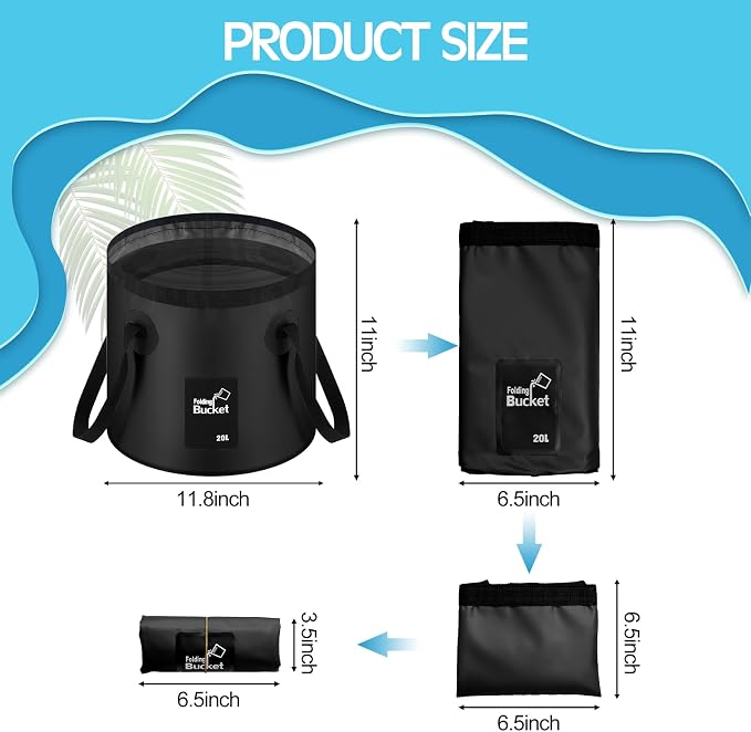 20L 3 Pack Collapsible Bucket, Foldable Water Bucket with Handles, Portable Camping Buckets for Fishing, Hiking, Cleaning, Outdoor & Travel Use (Black)