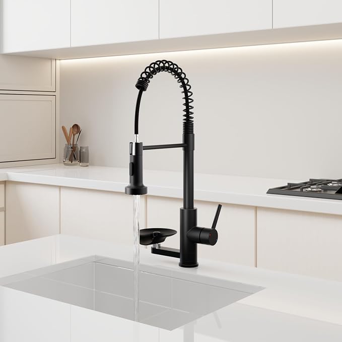Kitchen Sink Pull Down Faucet with Cup Washer Single Handle Commercial Industrial Pull Out Spring Faucets with Glass Rinser fit 1 or 3 Hole for Farmhouse Camper Laundry Utility RV Wet Bar Matte Black