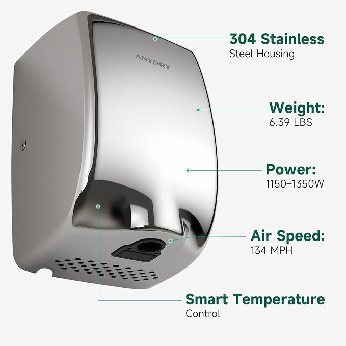anydry Compact Hand Dryer, High-Speed 1350W Airflow, Polished Stainless Steel Finish, Space-Saving for Commercial & Home Use, Model AD2803Y