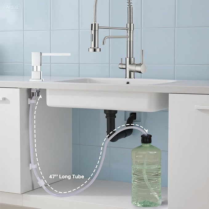 Dish Soap Dispenser Built in Sink Square Pump with 47'' Long Tube, Chrome Brass Pump Head for Kitchen Sink with 17 oz Bottle