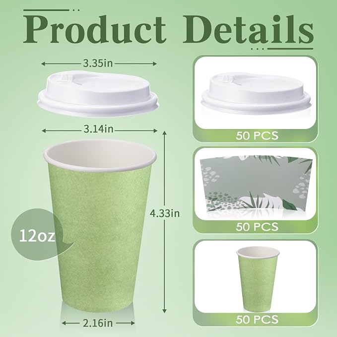 Zopeal 50 Pack Sage Green 12 oz Disposable Coffee Cups with Lids and Sleeves, Paper Hot Travel Cups for Beverages, Wedding, Baby Shower, Office and Party Supplies