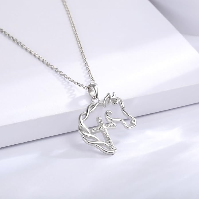 925 Sterling Silver Cross Horse Necklace Pendant Jewelry Gifts for Women