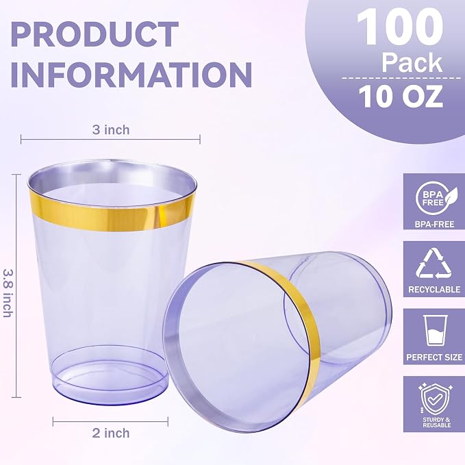 supernal 100 Pack Purple Plastic Cups - 10 Oz Clear Disposable Cups with Gold Trim,Clear Purple Plastic Cocktail Glasses Perfect for Weddings,Birthday,Parties & Elegant Events,Disposable Wine Glasses