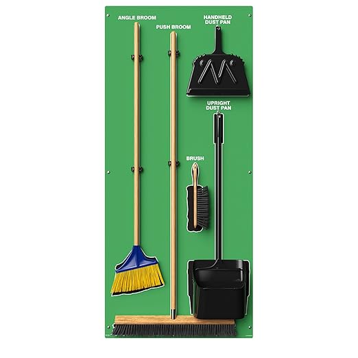 Clean & Sweep 5S Shadow Board/Wall Mount Broom Holder, 68" x 30" Board, 5S Cleaning Station - with Broom and Dustpan Set Included, Made in The USA by AccuformNMC, Green/Black, PSB116GNBK