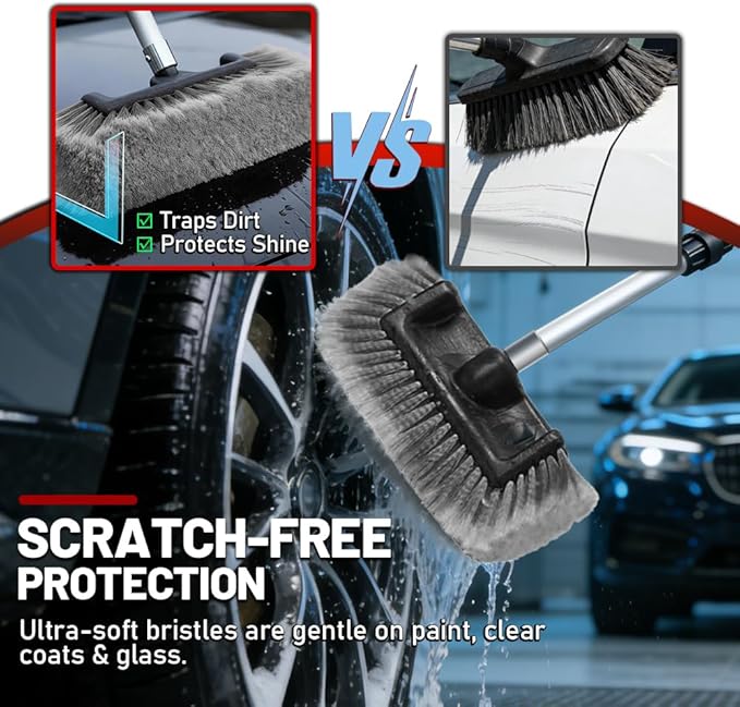 Car Detailing Kit with 65 in Flow-Thru Handle - 4-Head Car Wash Brush Set (Includes 2 Stiff Brushes) - Paint-Safe Auto Washing Mop for Sedan, SUV Exterior Care & Windshield (Grey)