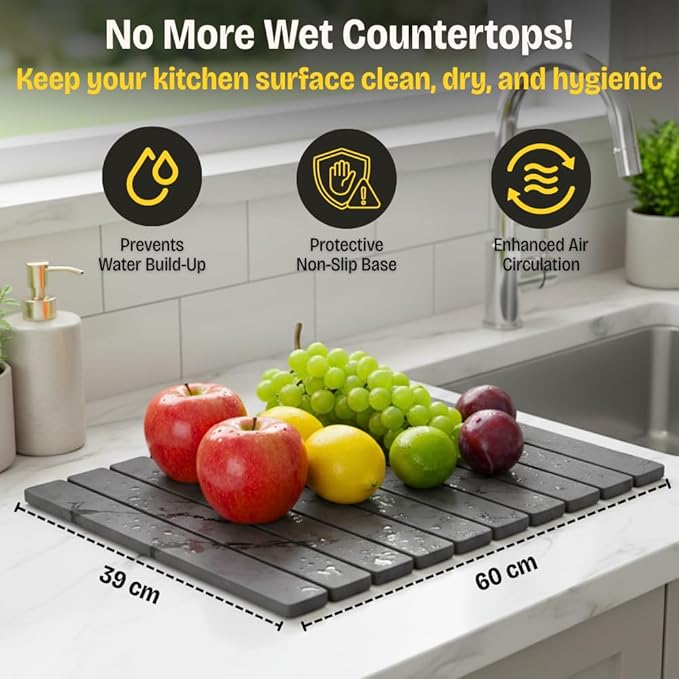Large Stone Dish Drying Mat for Kitchen Counter, 24"×16" Foldable Fast Drying Diatomaceous Earth Mat, Super Absorbent Stone Drying Pad for Dishes, Cups, Bottles (Grey Marble)