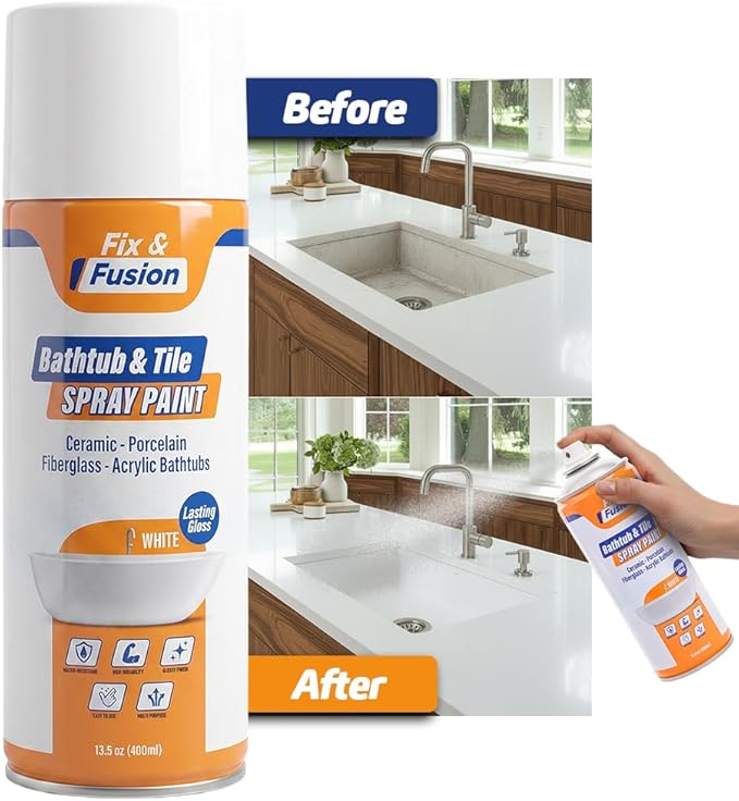 Fix & Fusion Bathtub & Tile Spray Paint, Multi-Surface Coating for Bathroom & Kitchen, High Adhesion, Water-Resistant, for Porcelain, Ceramic, Fiberglass, Countertops & More, White 13.5 oz (Pack of 2)