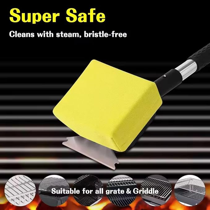 Grill Brush Bristle-Free with Scraper – BBQ Grill Cleaner with Replaceable Pad, Heavy Duty Non-Scratch Cleaning Tool for Gas, Charcoal & Porcelain Grates, 20.47” Long Handle