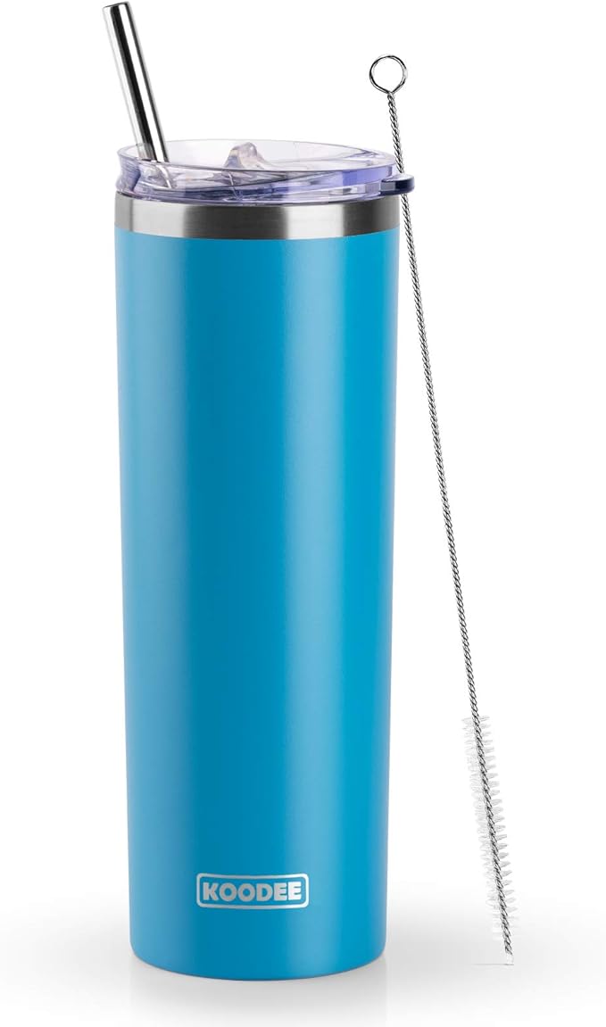 koodee Tumbler with Straw 20 oz Stainless Steel Skinny Tumbler Double Wall Insulated Slim Water Cup for Coffee, Tea (Sky Blue)