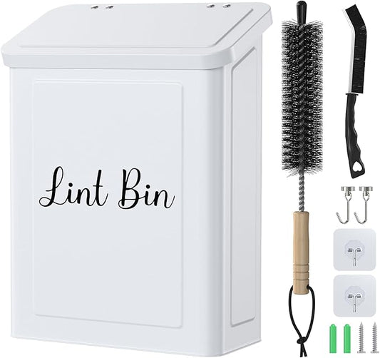 Magnetic Lint Bin for Laundry Room, Wall Mounted Metal Lint Box Holder Trash Can with Lid for Dryer, Lint Basket for Laundry Room Organization, White