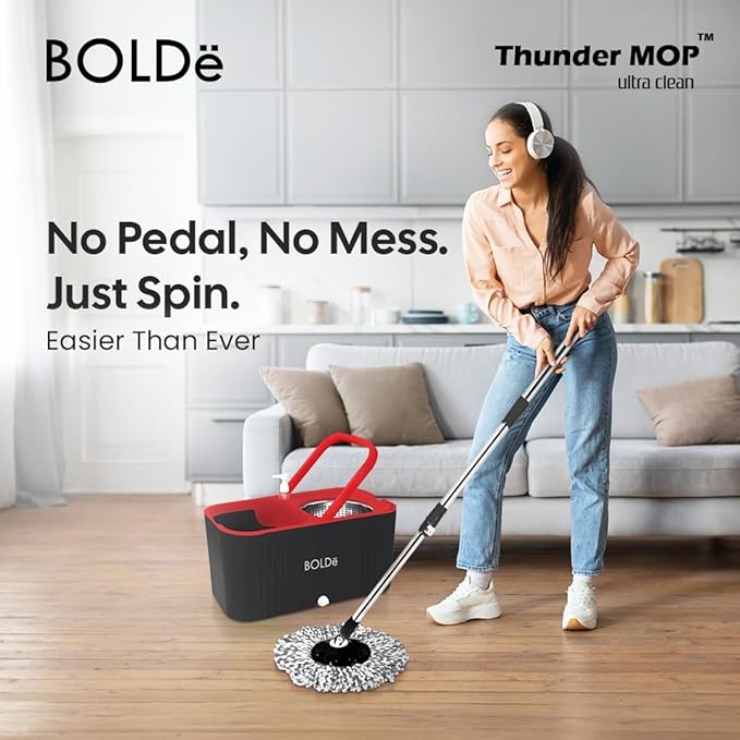 Thunder MOP Spin System - Ultra Clean - Single Bucket Microfiber Head, Stainless Steel Wringer, Antifungal Quick-Dry Cleaning, Soap Dispenser, 3 Free Refills (Black/White)