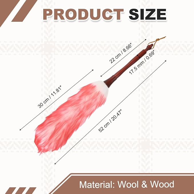 uxcell Wool Duster, 20.5" Natural Feather Cleaner Household Cleaning Duster with Solid Wooden Handle for Cleaning Fans Window Blinds Shelves Furniture, White Pink