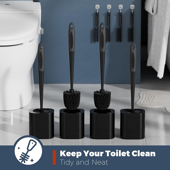Holaloha Toilet Brush, 4 Pack Toilet Brush and Holder Set Bathroom Accessories, Toilet Bowl Brush and Holder with 4 Crevice Brush for Bathroom, Toilet Scrubber Brush, Black