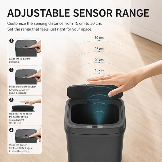 DZT-12-5S Smart Motion Sensor Trash Can 10.3 * 7.8 * 14.1inch | 0.3s Fast Opening, Auto Close & Touch-Free Operation for Home and Office (Black)