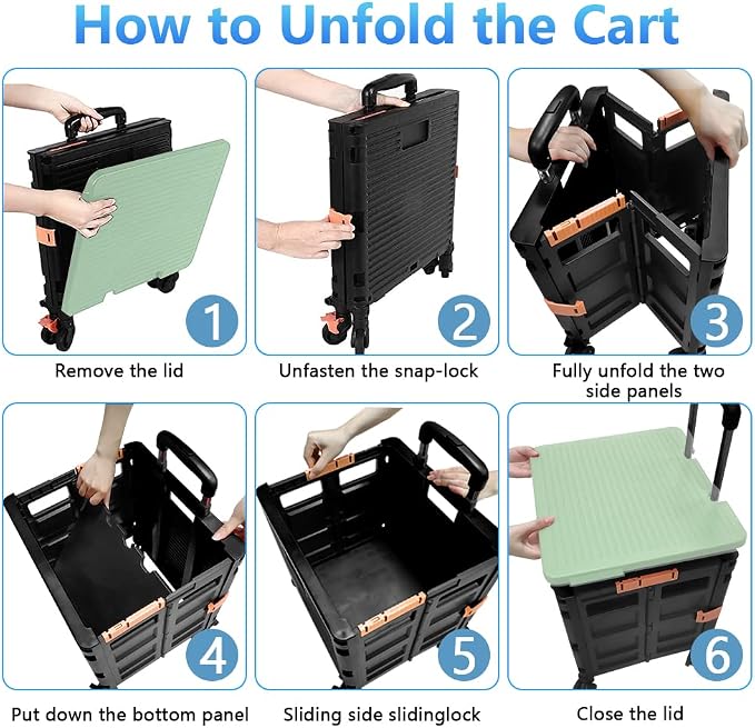 FELICON SELORSS Foldable Utility Cart Folding Portable Rolling Crate Handcart with Heavy Duty Telescoping Handle Collapsible 4 Rotate Wheels for Travel Shopping Move Luggage Office Use(Black+Green)