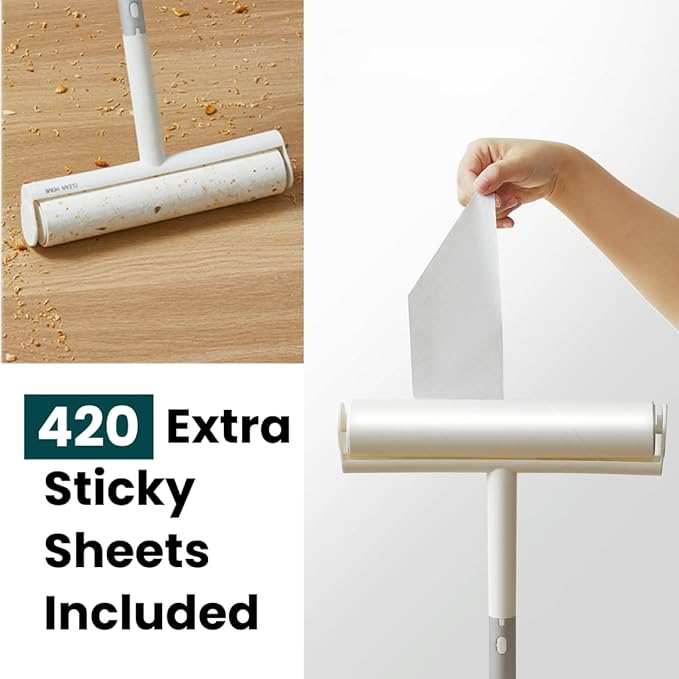 Large Lint Roller with Extra Sticky Roller and 420 Sheets 9.5" Wide, Floor Lint Roller Long Handle, Extendable to 41", Carpet, Couch, Pet Hair, Clothing Cleaning Supplies (White Roller + 7 Refills)