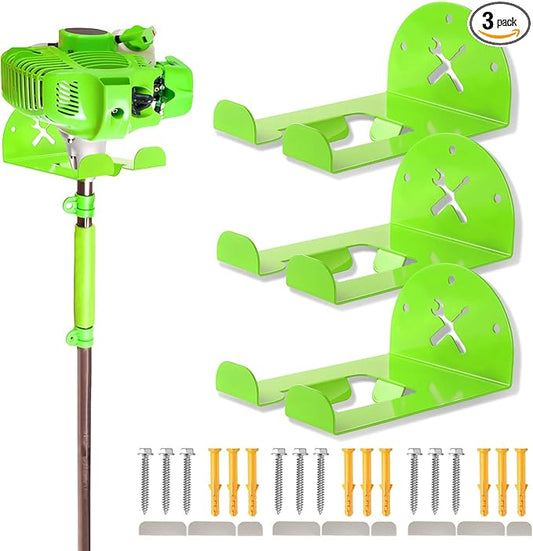 Upgraded Trimmer Rack Wall Mount - 8" Heavy Duty Weed Eater Hanger for Garage Wall, Garden Power Tool Holder Organizer Hooks for Grass Trimmer, Hedge Trimmer, Leaf Blower and Chainsaw, Green, 3 Pack