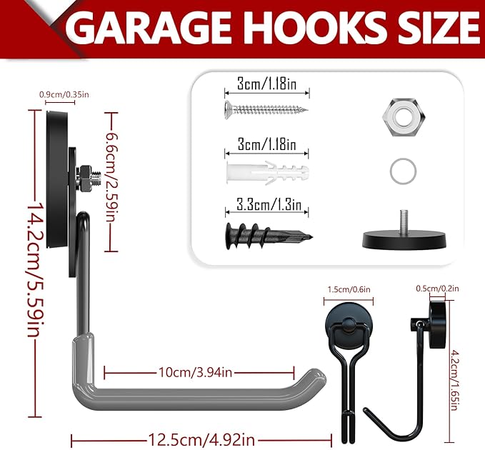 3-H Extra Strong Magnetic Hooks,Heavy Duty Large Anti-Slip Magnet Hooks U Shape,No-Drill Tool Holder for Garage,Power Drill,Garden Tools,Hose Storage,4 Pack Gray