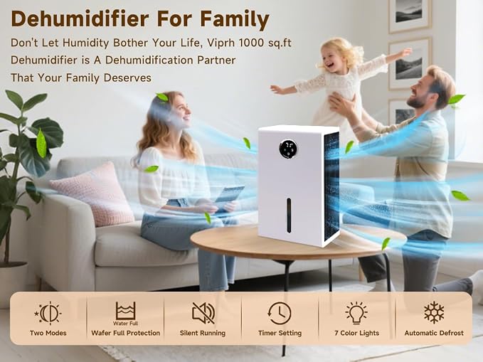 Dehumidifier for Home 1000 sq.ft Auto Shut Off Energy Saving & Quiet Design w/ 95 OZ Water Tank w/ 7 Colors LED Light w/Touch Screen Humidity Display Portable for Bedroom Bathroom Basement