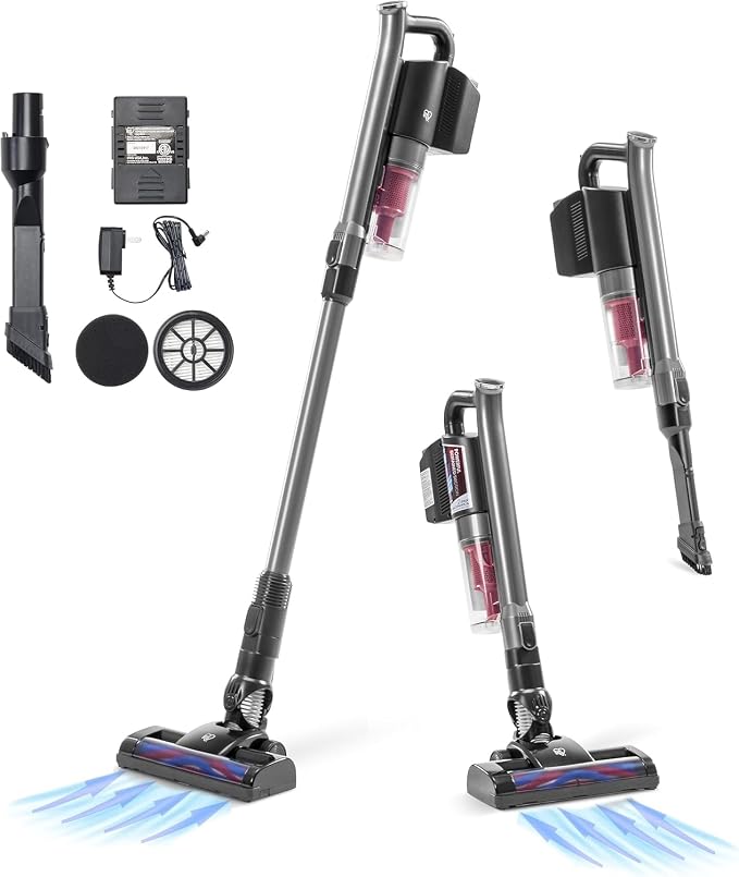 IRIS USA Power Brush Cordless Stick Vacuum for Low-Profile Carpet Rugs and Hard Floors, 4-in-1 Attachments, 9000Pa Suction LED Indicator, 60K RPM 35 Min Runtime Battery, Pet Hair Cleaner