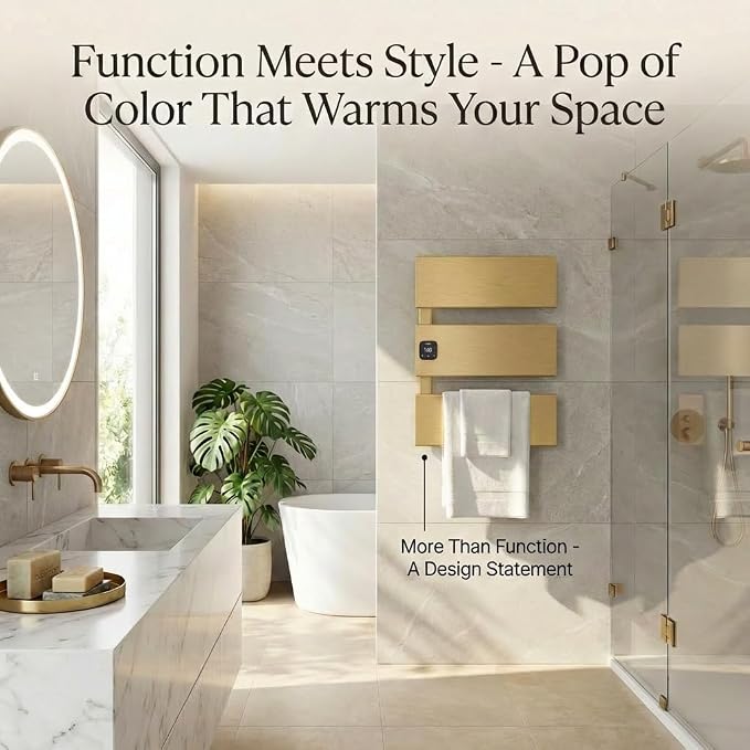 L Series Electric Towel Warmer for Bathroom, 3 Panel, Gold | Thermo Control and Timer, Fast Heat in 3 Mins, Dry Towels in 4 hrs, Memory Function, Work with Smart Plug, Left-Wiring