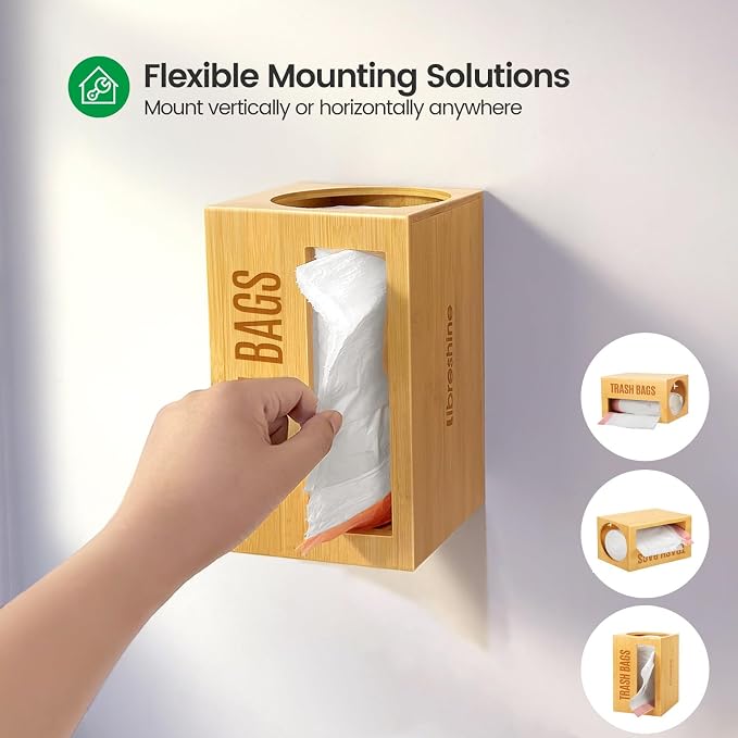 Libreshine Bamboo Garbage Bag Dispenser Roll Holder - Wall Mount Trash Bag Organizer for 13-33 Gallons, Under Sink Kitchen Grocery Bag Storage Container, Not Suitable for Large Roll