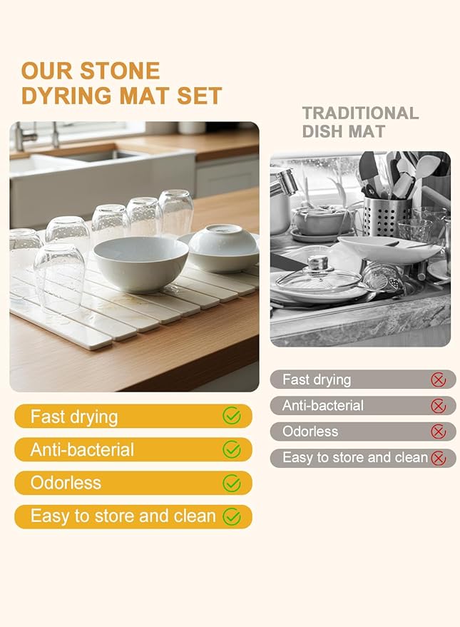 Large Stone Drying Mat for KitchenCounter,24"(L)×16"(W),Collapsible Absorbent Diatomaceous Earth Dish Drying Mat,Quick-Dry Draining Mat for Dishes Cookware Bottles Cups, Match Any Countertop