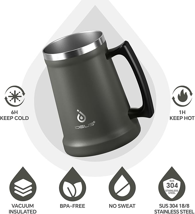 Ideus Insulated Beer Stein, 24/32oz Stainless Steel Double Walled Beer Mug Giant Bar Drinkware Metal Beer Cup with Big Grip Handle (Grey, 24 ounces (710ml))