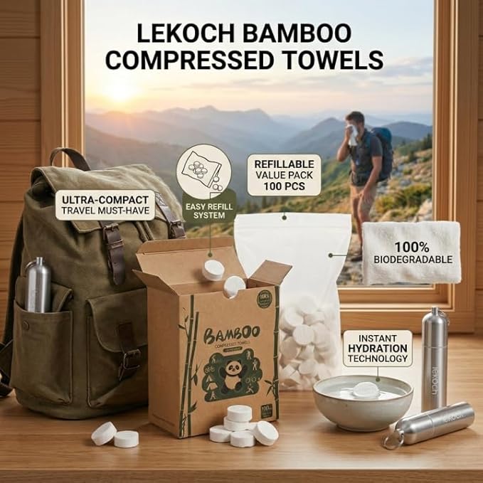 LEKOCH Compressed Towel Tablets - Bamboo Portable Camping Paper Tablets, Great for Hiking, Travel and Backpacking - Disposable Washcloths, Body Wipes, Coin Tissue (100 Pack with Metal Cases)
