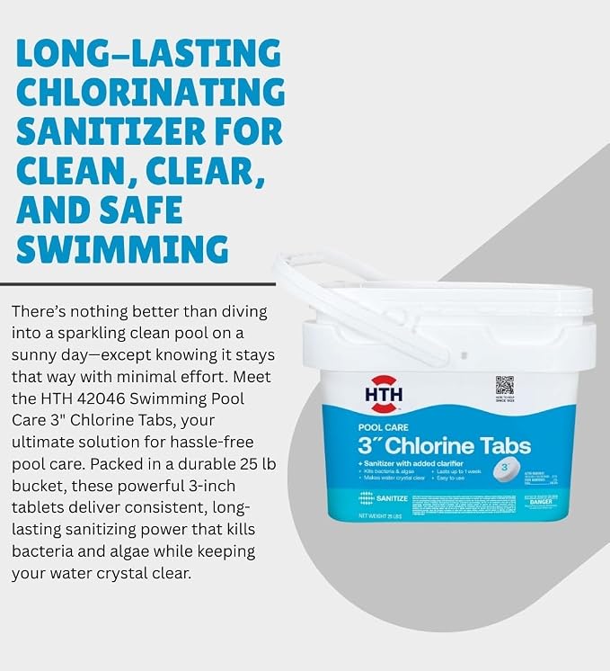 HTH 42046 Swimming Pool Care 3" Chlorine Tabs, Swimming Pool Chlorinating Sanitizer, 25lb