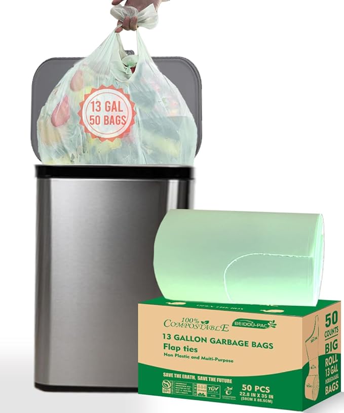 BEIDOU-PAC 13 Gallon Flap Tie Compostable Trash Bags, 50 Count, Compost Bags Tall Kitchen Trash Bags, Sturdy Biodegradable Garbage Bags Food Scrap Waste Bags, ASTM D6400, US BPI Certified, Green