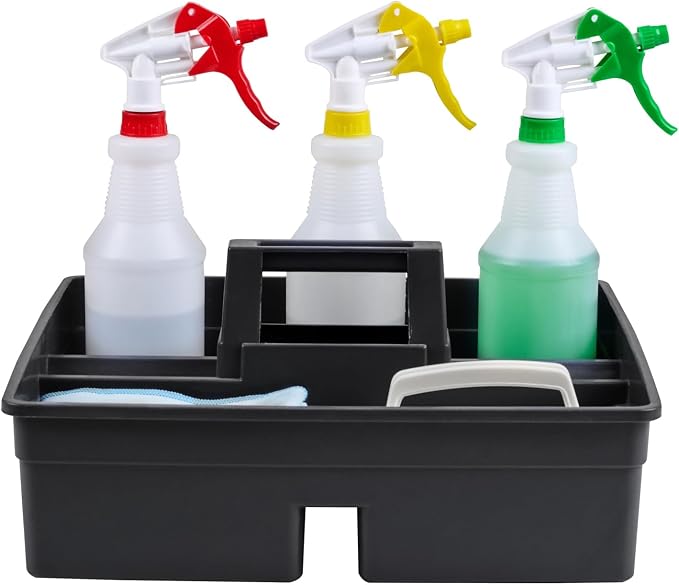 Restaurantware-RW Clean 15.2 x 13.2 x 6.7 Inch Cleaning Caddy, 1 Triple Compartment Cleaning Supply Caddy - With Handle, Crack-Resistant, Black Plastic Cleaning Basket, For Cleaning Supplies,