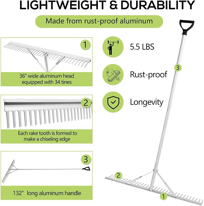 Floating Lake Rake, 36" Aluminum All Purpose Lake and Landscape Rake with 11' Extension Handle and 52' Rope, Weed & Algae Removal