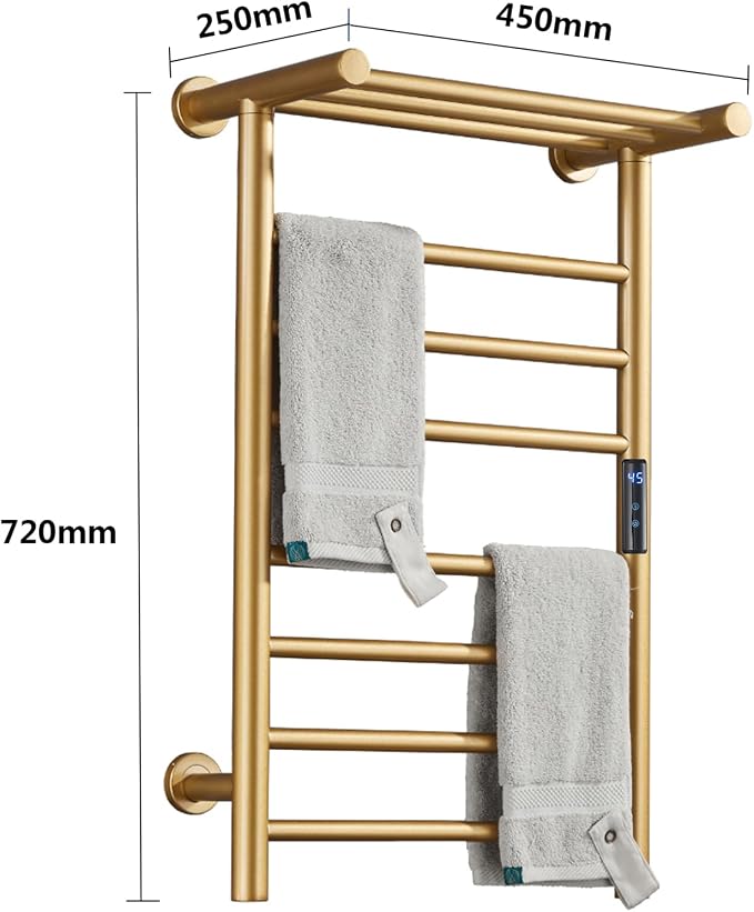 Electric Heated Towel Rack, Built-in Timer with Led Indicators | Timer Modes: 1 H to 8 H, Gold 7-Bar Wall Mounted Towel Warmer with Top Shelf, 70W Heated Towel Warmer, Hardwired
