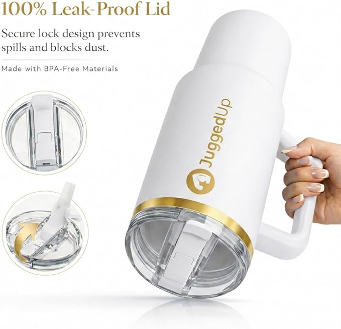 Hydra 40oz Insulated Stainless Steel Tumbler with Handle & Flip Straw Lid – Leak Proof Vacuum Travel Mug, Cup Holder Compatible, BPA Free – Arctic Gold