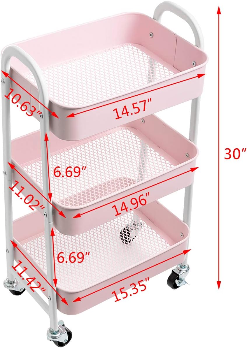 AGTEK Makeup Cart, Movable Rolling Organizer Cart, 3 Tier Metal Utility Cart, White - Pink